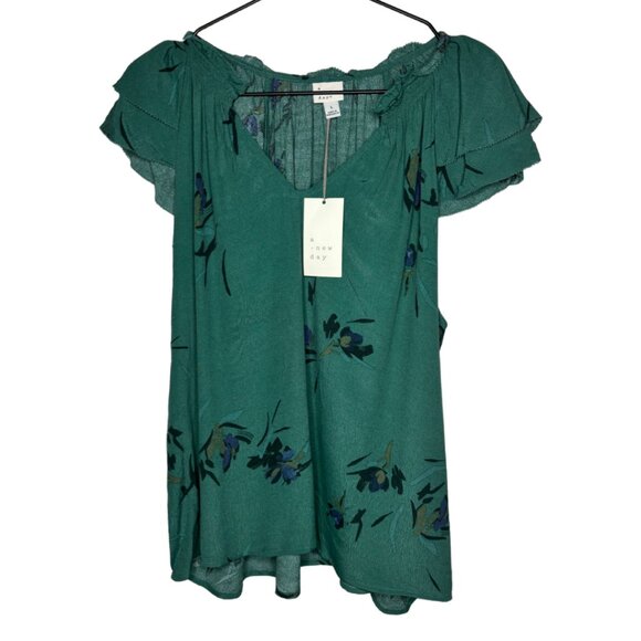 NWT a new day Women's Sz L Teal Floral Cap Sleeve Blouse, Top - Picture 1 of 4
